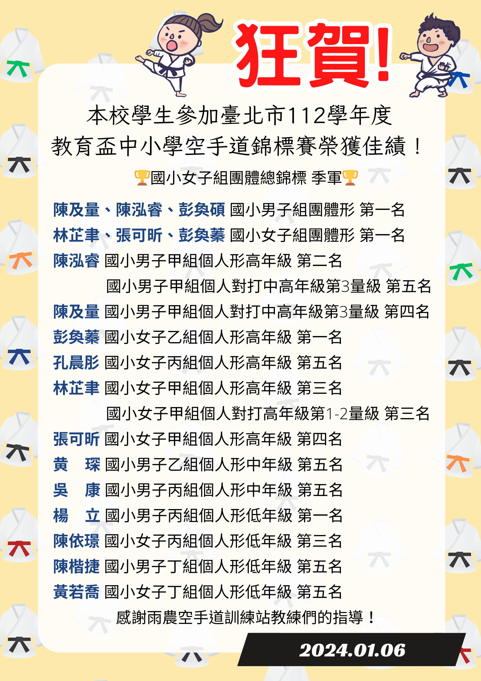 教育盃中小學空手道錦標賽榮獲佳績